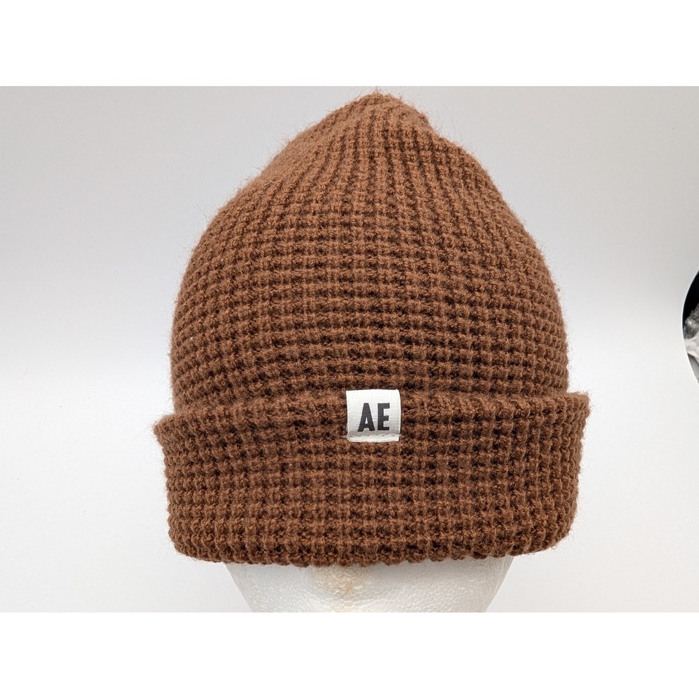 American Eagle Brown Waffle Knit Cuffed Beanie Hat AE Logo Patch